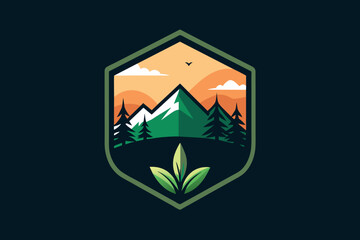 A badge featuring trees and mountains in the background