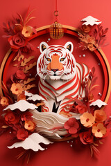 Vibrant paper art of a tiger, Chinese tiger year, greeting card, paper art illustration, red color