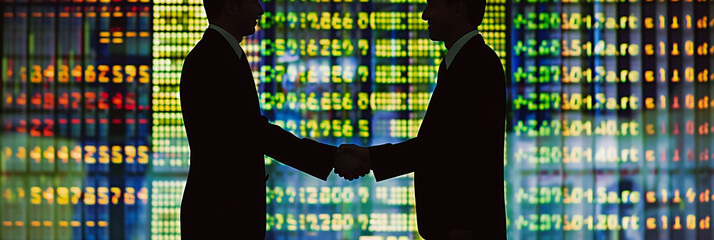 Silhouetted Handshake Against Stock Market Display