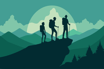 Fototapeta premium Silhouetted hikers gaze over mountains under a moonlit sky