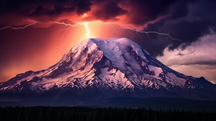 Fototapeta premium Majestic Snow-Capped Mountain with Dramatic Lightning Strike Sky