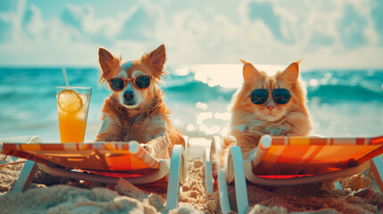 A dog and a cat with sunglasses sunbathing on a chair on the beach during the summer season on vacation and holiday travel tourism