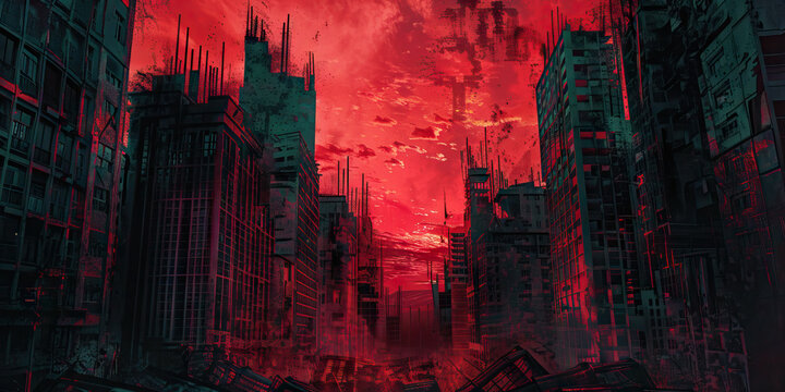 Dystopian Society: Abstract Urban Landscape with Dark Tones and Oppressive Atmosphere, Perfect for Dystopian or Social Commentary Plays