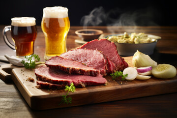 Rustic corned beef dinner with beer, traditional Irish food