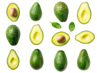 Set of fresh green avocados isolated on white background. Top view.
