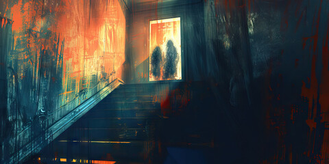 Haunted House: Abstract Spooky Background with Shadows and Ghostly Figures, Perfect for Horror or Mystery Plays