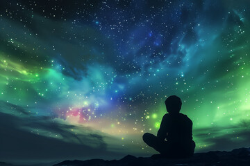 silhouette of a person sitting wearing a hoodie on the ground against a fantasy space night sky