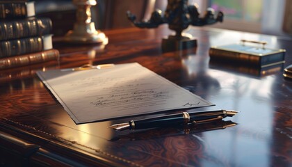 A minimalist design featuring a luxurious fountain pen and a signed contract on a polished mahogany desk - Powered by Adobe