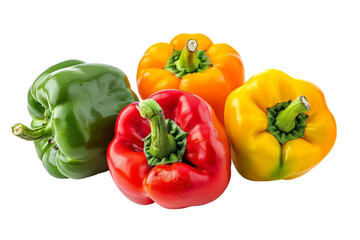 Four bell peppers of different colors on a white background. The green pepper is on the left, the red pepper is in the middle, and the yellow pepper is on the right.