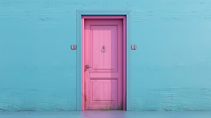 Pink door isolated on a blue background.