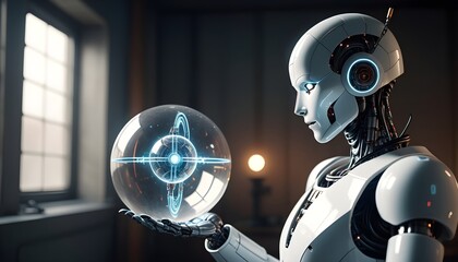 robot holding a digital sphere connection create with ai