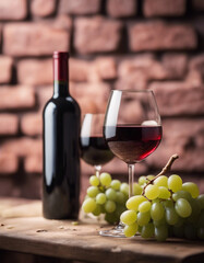 Fototapeta premium ed wine glass, grape and cheese table in front of brick wall kitchen, copy space for a text 