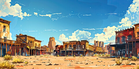 Obraz premium Wild West Town: Abstract Desert Landscape with Old West Buildings, Perfect for Western or Cowboy Plays