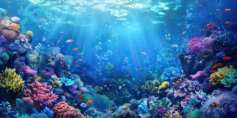 Fototapeta na wymiar Underwater World: Abstract Underwater Scene with Marine Life and Coral, Ideal for Aquatic or Nautical Plays