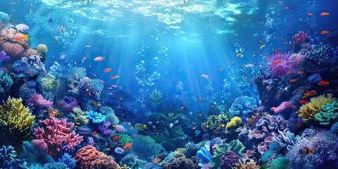 Fototapeta premium Underwater World: Abstract Underwater Scene with Marine Life and Coral, Ideal for Aquatic or Nautical Plays