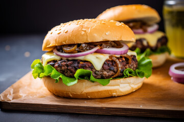 Gourmet cheeseburger with caramelized onions