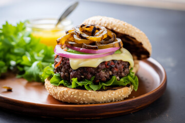 Gourmet cheeseburger with caramelized onions