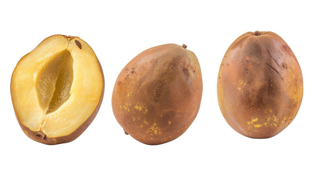 Still life photography of brown sapote also known as mamey sapote, with a cut half. Isolated on a white background.