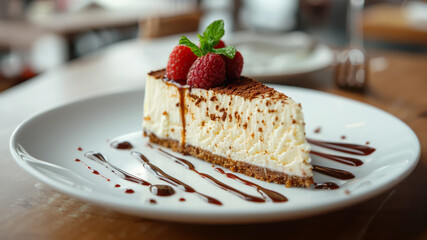 An image of a slice of cheesecake on a restaurant table. A creamy homemade dessert topped with raspbereries.