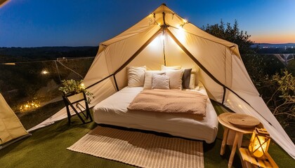 Overhead view of a comfortable sleep setup in an open tent surrounded by night ambiance and soft lighting