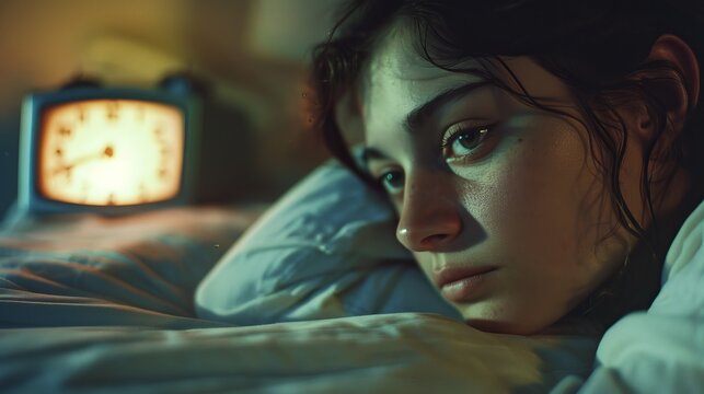 Portrait of a woman looking distressed at alarm clock