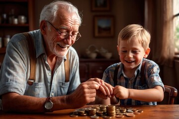 Happy grandfather and grandson learning how to save money, financial education in family