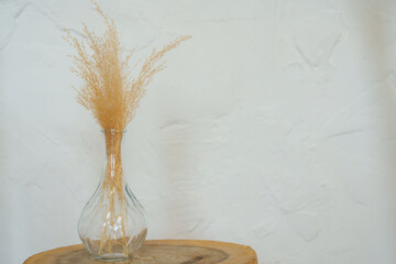 Grass bouquet in glass vase on wooden stool, white wall; creates rustic, serene ambiance, play of natural light adds warmth.