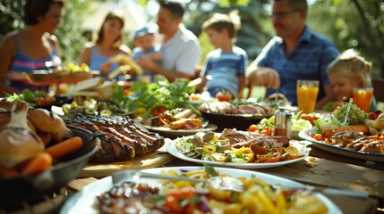 Family enjoying barbecue feast at picnic table
