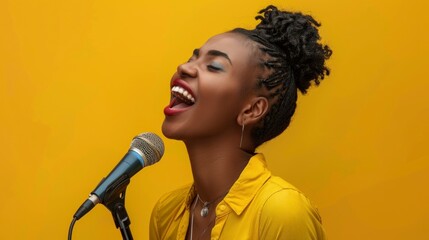 beautiful brunette woman with a microphone singing on bright yellow background in high resolution and quality