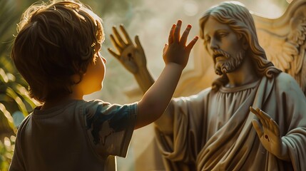 Boy receiving blessing from statue of divine figure