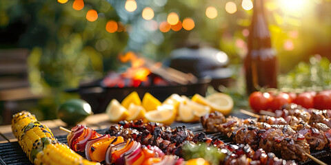 Meat, skewers and vegetables on a grill, in the background more grills and a garden party