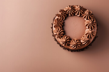Elegant chocolate mousse cake on pastel background overhead shot