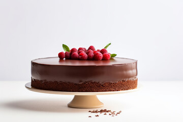 Elegant chocolate mousse cake on white background