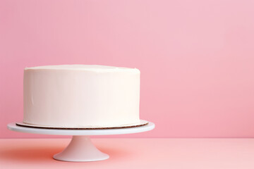 Simple vanilla white cake on a solid light pink background with empty space on the left