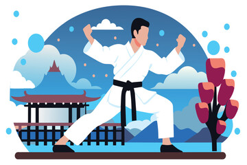 Karateka in stance with serene Mt. Fuji and traditional pagoda silhouette