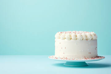 Simple vanilla white cake on a solid light blue background with empty space on the left