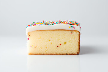 A slice of simple vanilla white cake on a solid white background with empty space and some sprinkles