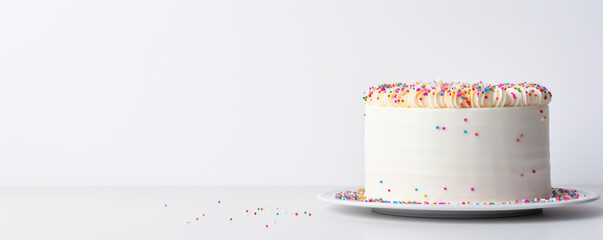 Simple vanilla white cake on a solid white background with empty space and some sprinkles