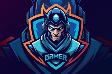Stylized mascot of a gamer in futuristic blue armor, exuding competitiveness
