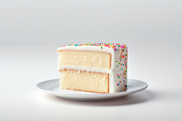 A slice of simple vanilla white cake on a solid white background with empty space and some sprinkles