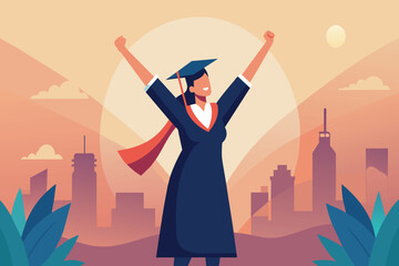 A graduate in cap and gown triumphantly raises arms against a sunset cityscape