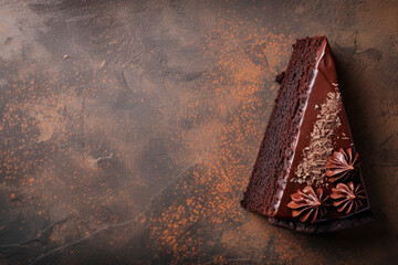 Slice of rich chocolate cake with creamy frosting, set on a light brown background