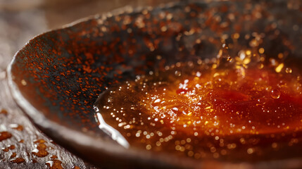 Hot Caramel Splashes On A Dark, Rustic Plate, Creating A Dynamic And Tempting Visual
