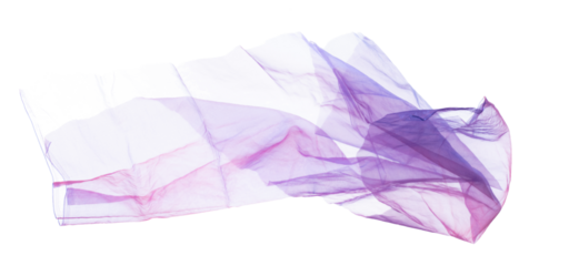 Purple Violet Organza fabric flying in curve shape, Piece of textile blue sky organza fabric throw fall in air. White background isolated motion blur