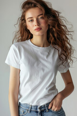 Fototapeta premium Young woman in blank white t-shirt