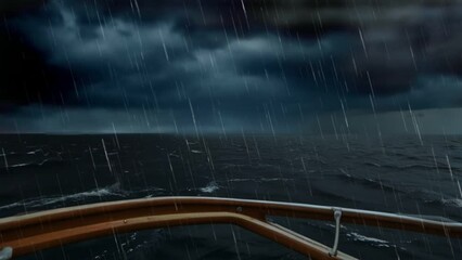In the middle of the sea on a small boat with lots of rain and thunderstorms
