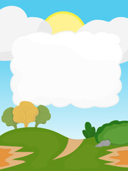 sunny day landscape scene with white banner for text