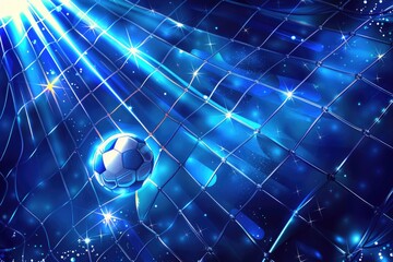 Soccer ball scoring a goal with a dynamic background of sparkles and light, representing energy and victory in sports.