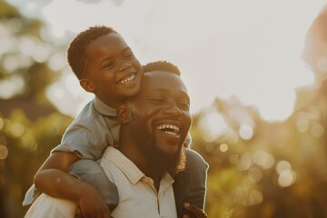 Joyful African American father giving piggyback ride to his young son in golden hour sunlight