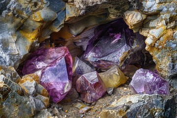 Raw amethyst and smoky quartz crystals nestled in rock crevice with natural earth tones